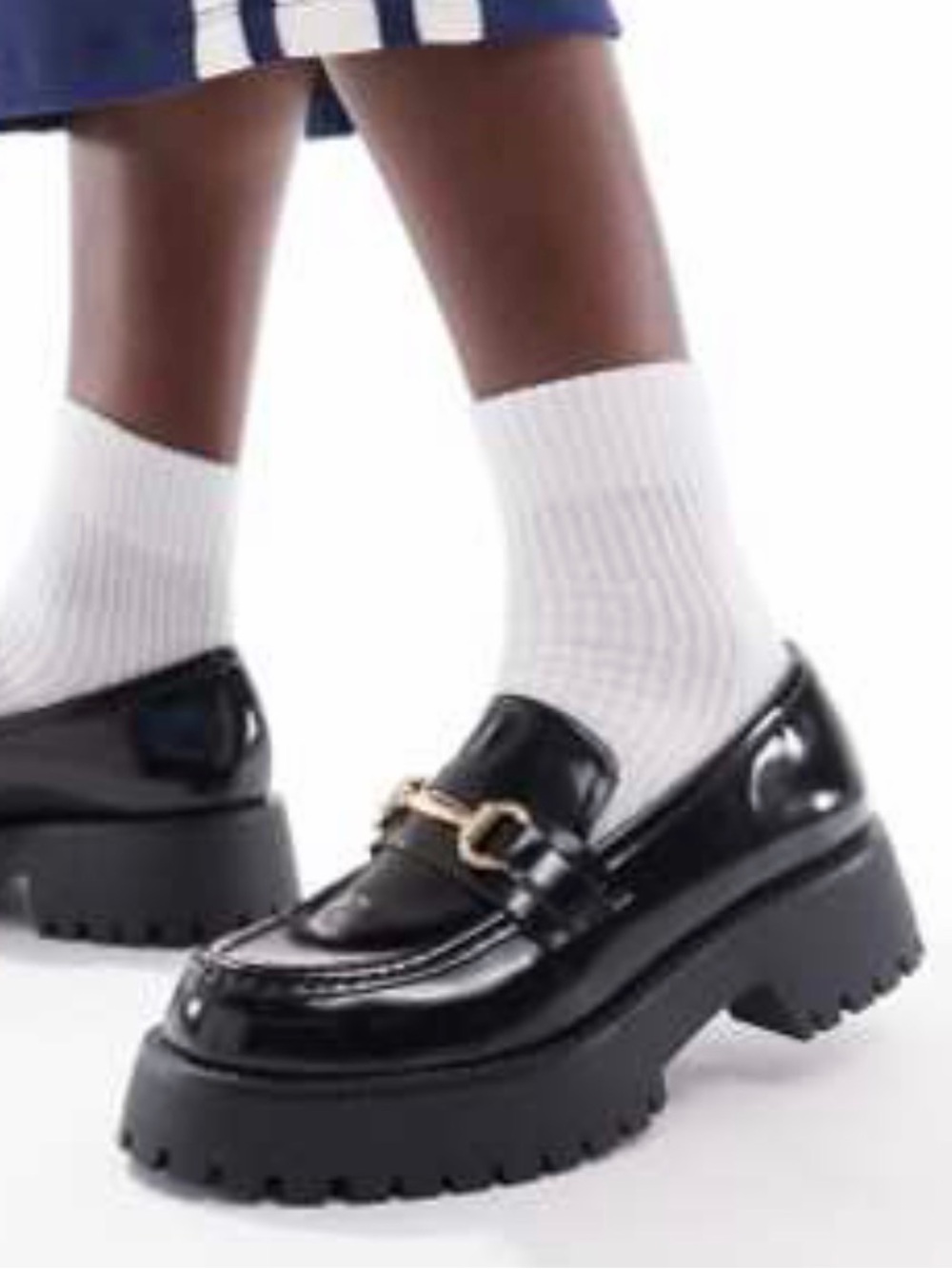 Black Leather Lug-Sole Loafers with Gold Horsebit